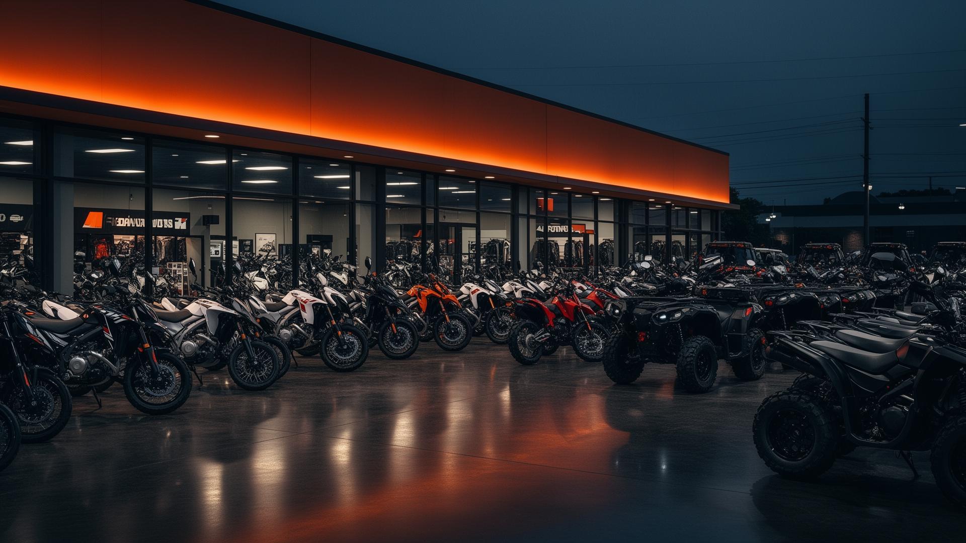 Modern powersports dealership showroom at dusk with rows of motorcycles and ATVs